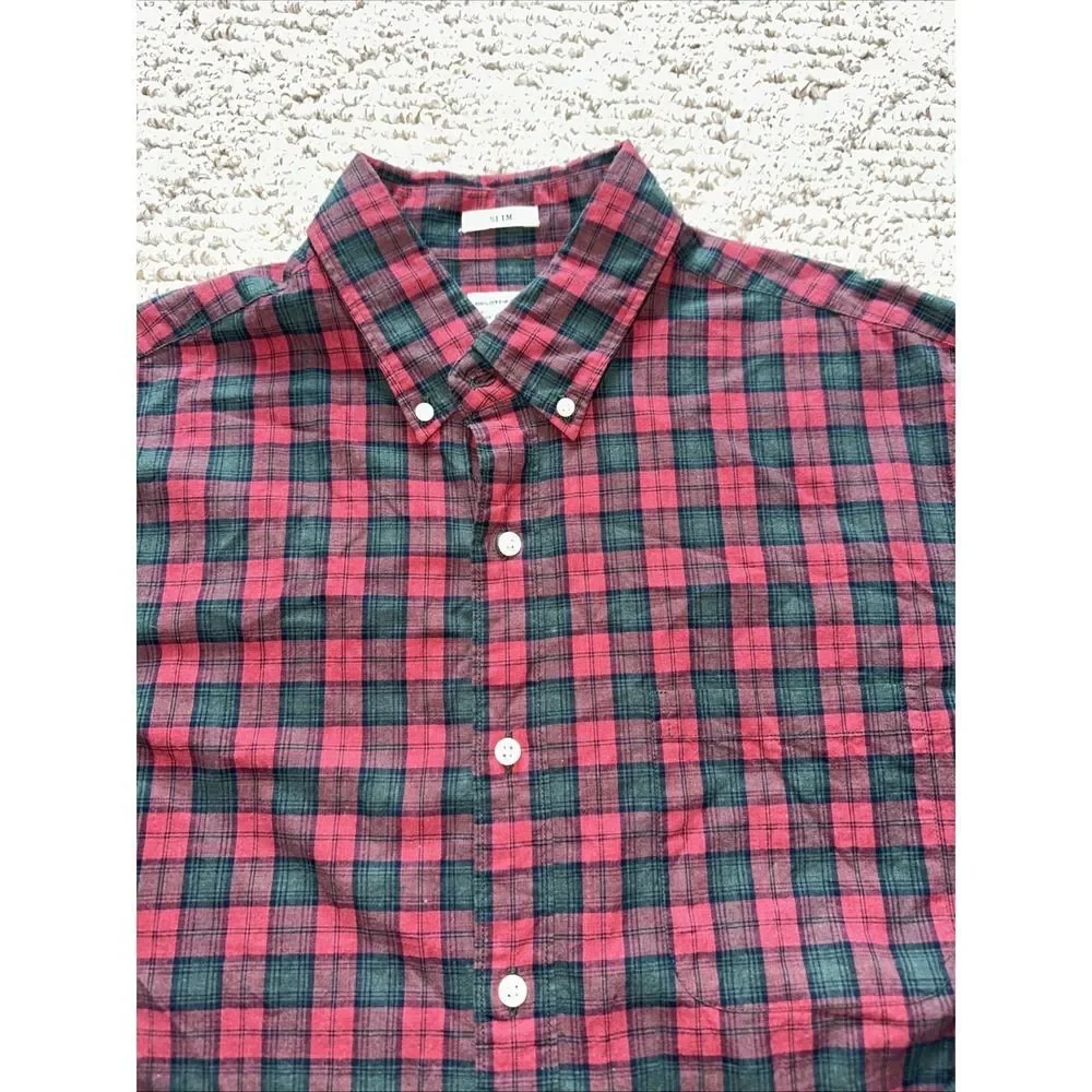 J. Crew Shirt Mens Medium Red Green Plaid Slim Fit Cotton Button-Down‎ Shirt